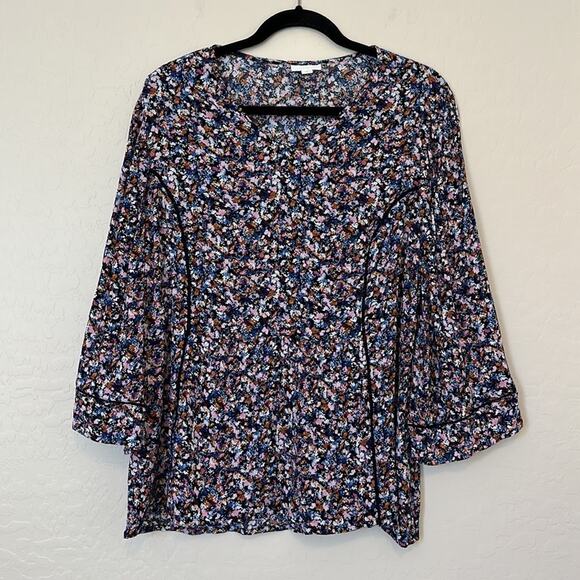 J Jill Long Sleeve Ditsy Floral Blouse Embroidered Detail 3/4 Wide Sleeve Size L - Picture 4 of 13